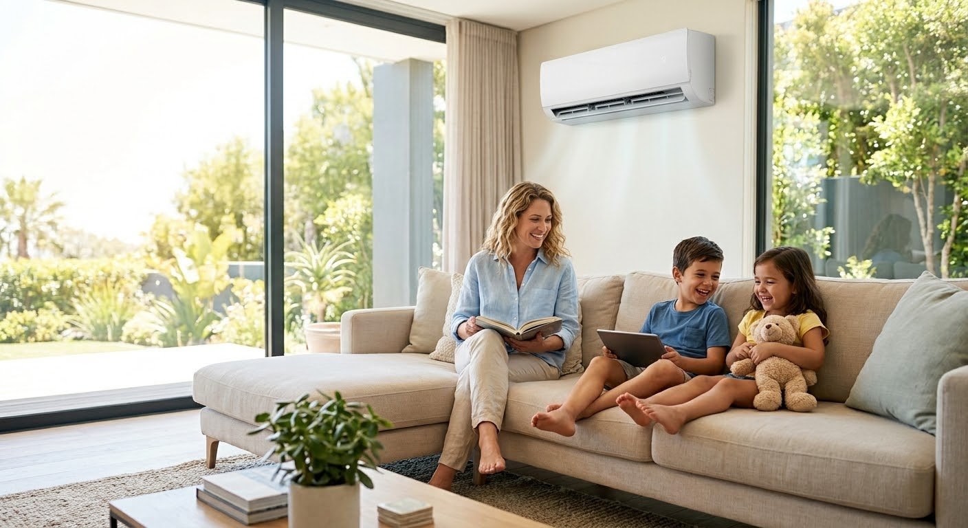 Family enjoying comfortable air conditioning at home